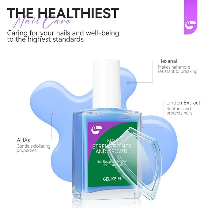 Nail Polish Strengthener and Growth Treatment: Azure Blue 15ml Gelike EC 6 in 1 Natural Nail Strengthener for Damaged Nails - Long Lasting Nail Hardener and Strengthener - For Daily Home Salon