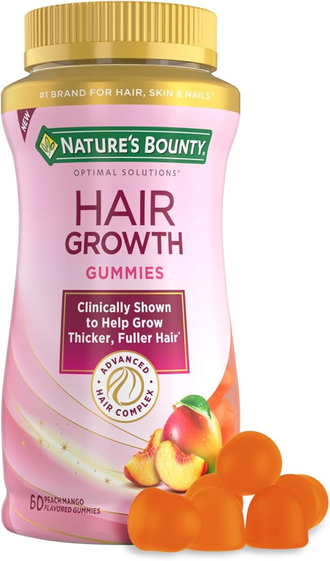 Nature's Bounty Hair Growth Gummies for Supporting Thicker, Fuller Hair with Biotin, Silicon & Arginine, Peach Mango Flavor – Gluten Free, Contains No Lactose, Sodium or Fish, 60 Count/30 Servings