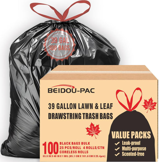 39 Gallon Lawn & Leaf Trash Bags Drawstring, 100 Count, Heavy Duty Black & Unscented Plastic Bags, Multi-purpose Garbage Bags for Home Commercial, Outdoor, Construction, Industrial