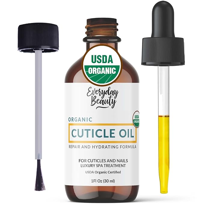 Organic Cuticle & Nail Oil - Repair, Revitalize & Hydrate Cuticles and Nails - Organic Spa Treatment - For Stronger Healthier Nails and Cuticles - 1 Fl Oz Glass Bottle with Nail Brush and Dropper