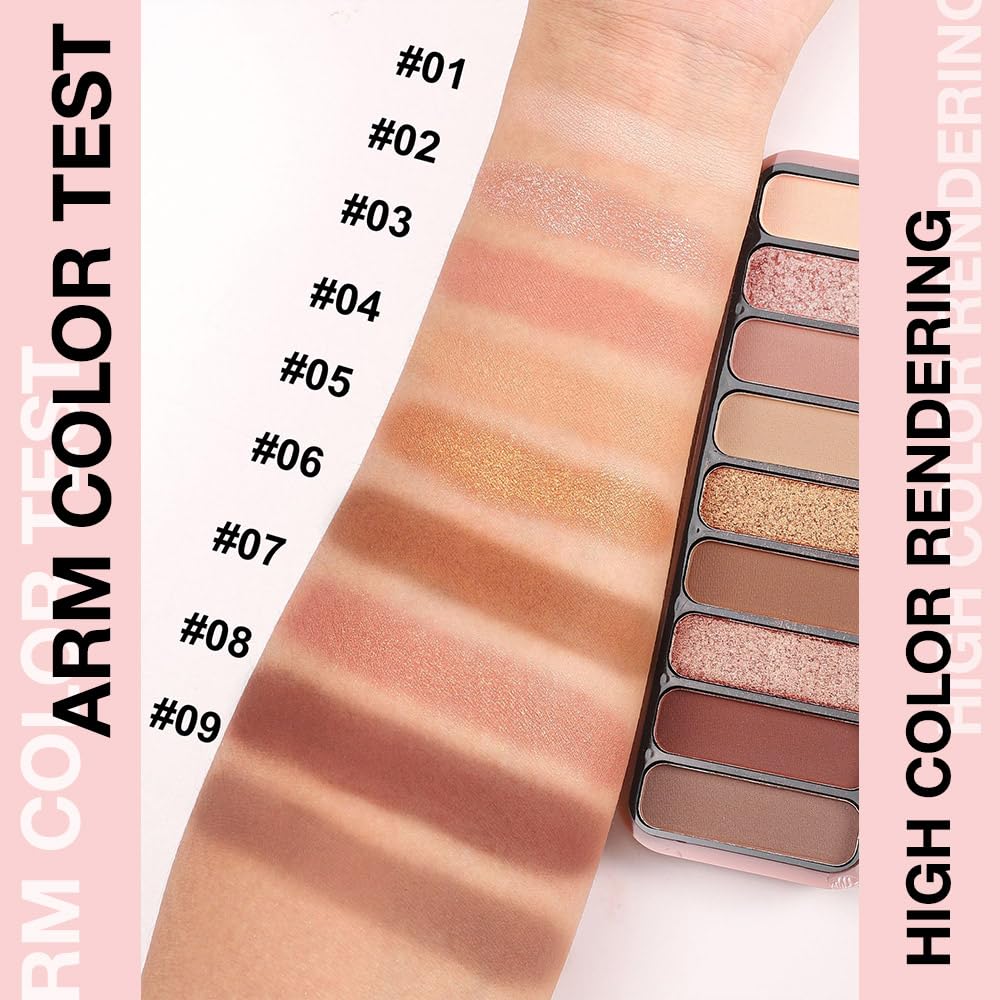 9-Color Eyeshadow Makeup Palette, Blendable Shimmer & Matte, Caramel Cinnamon Rose Golden Brown Eye Shadow Palette, Long-Lasting Waterproof for Brown Eyes, Daily Commuting Smoky Eye Makeup