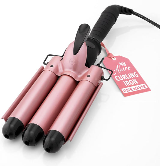 Alure Three Barrel Curling Iron Wand Hair Waver with LCD Temperature Display - 1 Inch Ceramic Tourmaline Triple Barrels, Dual Voltage Crimp (Rose Gold)