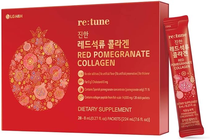 LG H&H re:tune Red Pomegranate Collagen I Liquid Collagen Supplement, Pomegranate Concentrate, Fish Scale Collagen Peptide 500 mg, Red Ginseng Concentrate, Hyaluronic Acid Vitamin C, 28 Packets