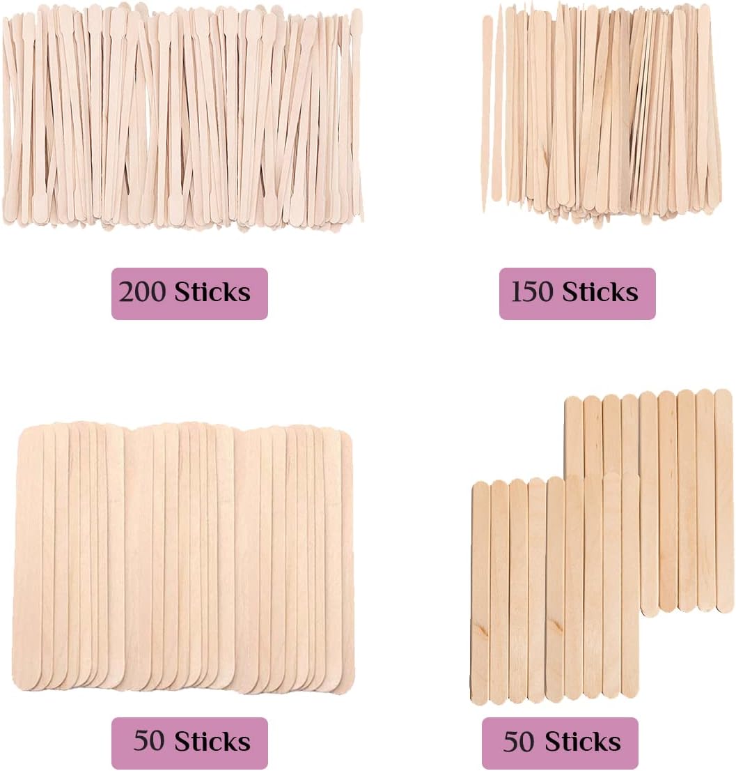 Mibly 4 Style 500 Pcs Assorted Wooden Wax Sticks for Body Legs Face and Small Medium Large Sizes Eyebrow Waxing Applicator Spatulas for Home and Spa Usage