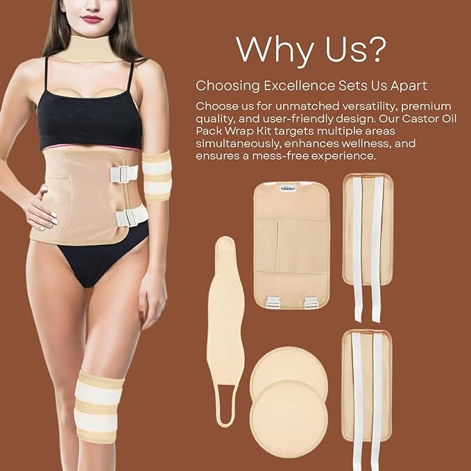 Castor Oil Pack Wrap Kit, 6 Pcs Organic Cotton, Adjustable Strap for Neck, Waist, Chest, Knee, Reusable, Washable - Detox, Constipation, Inflammation (Khakhi)