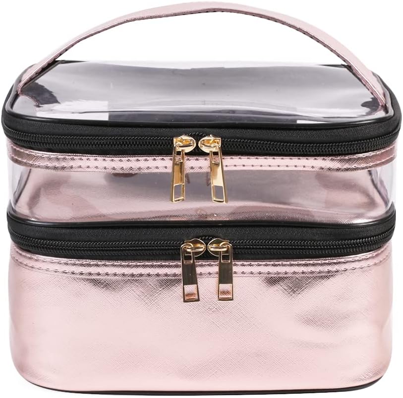 FITINI Makeup Bags Double Layer Travel Storage Cosmetic Cases Make up Organizer Toiletry Bags Water-resistant for Women Makeup Brush Bag,Pink