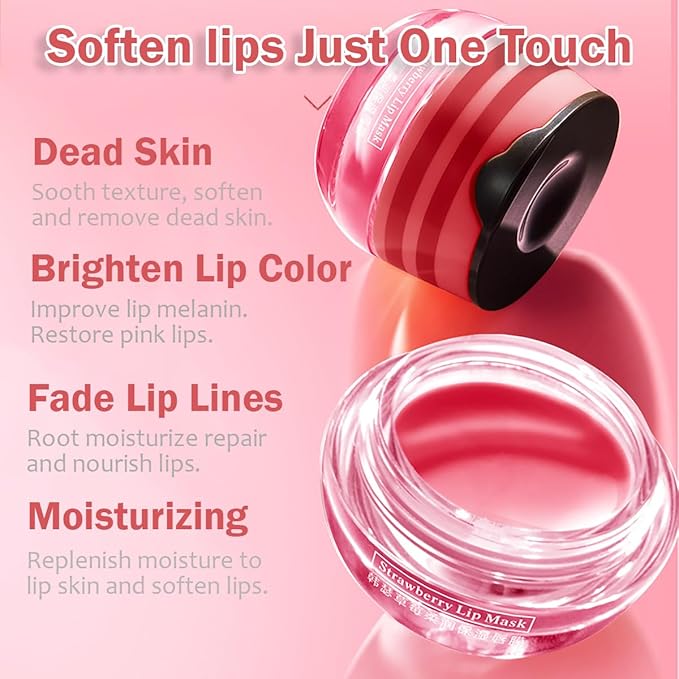 Strawberry Sleeping Lip Mask, Exfoliating Honey Balm, Hydrating & Prevention Dry and Cracked Scrubs Exfoliator, Repair Nourishes the Skin