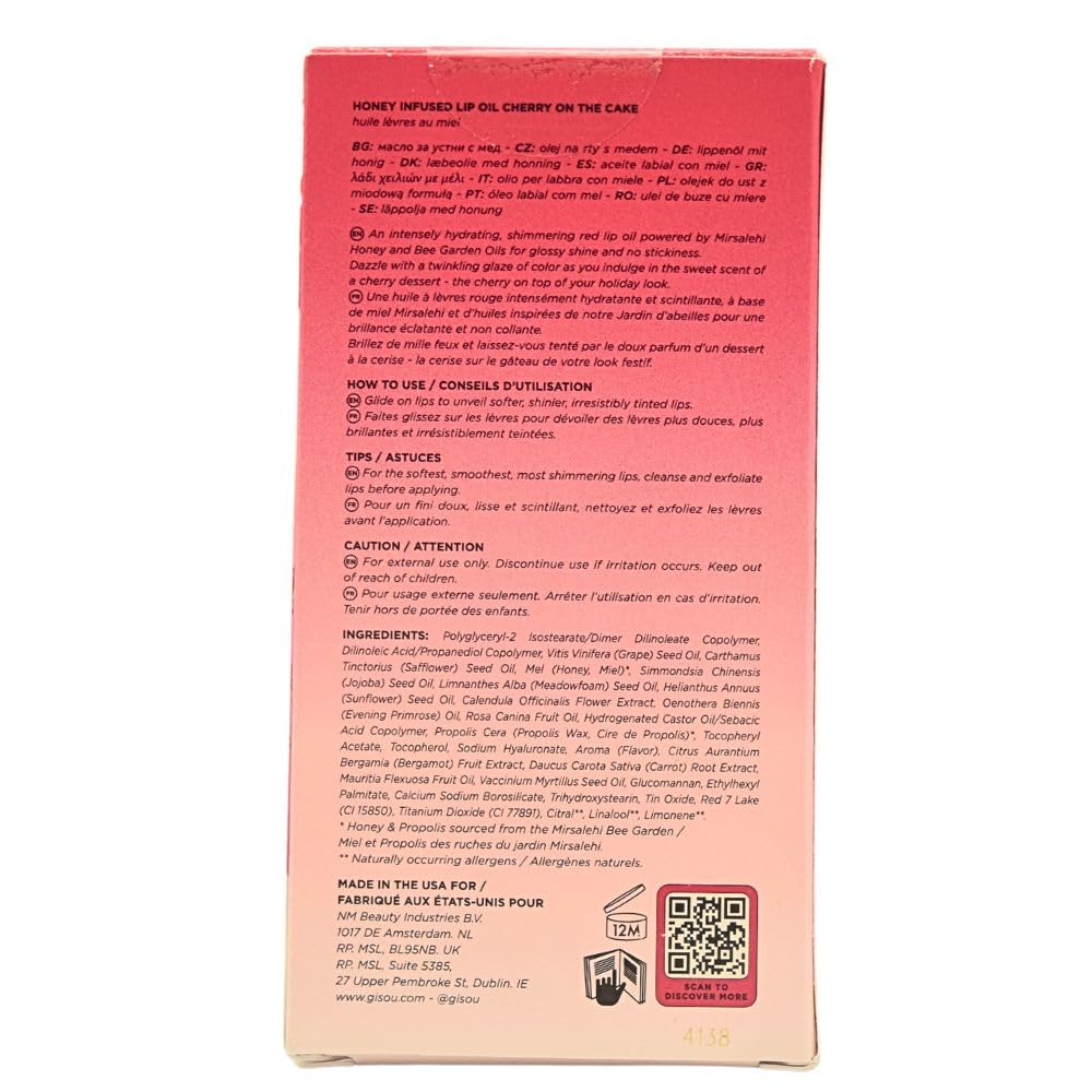 Gisou Honey Infused Hydrating Lip Oil, Nourishing Lip Moisturizer for Dry Lips, 0.27 fl oz (Cherry On The Cake)