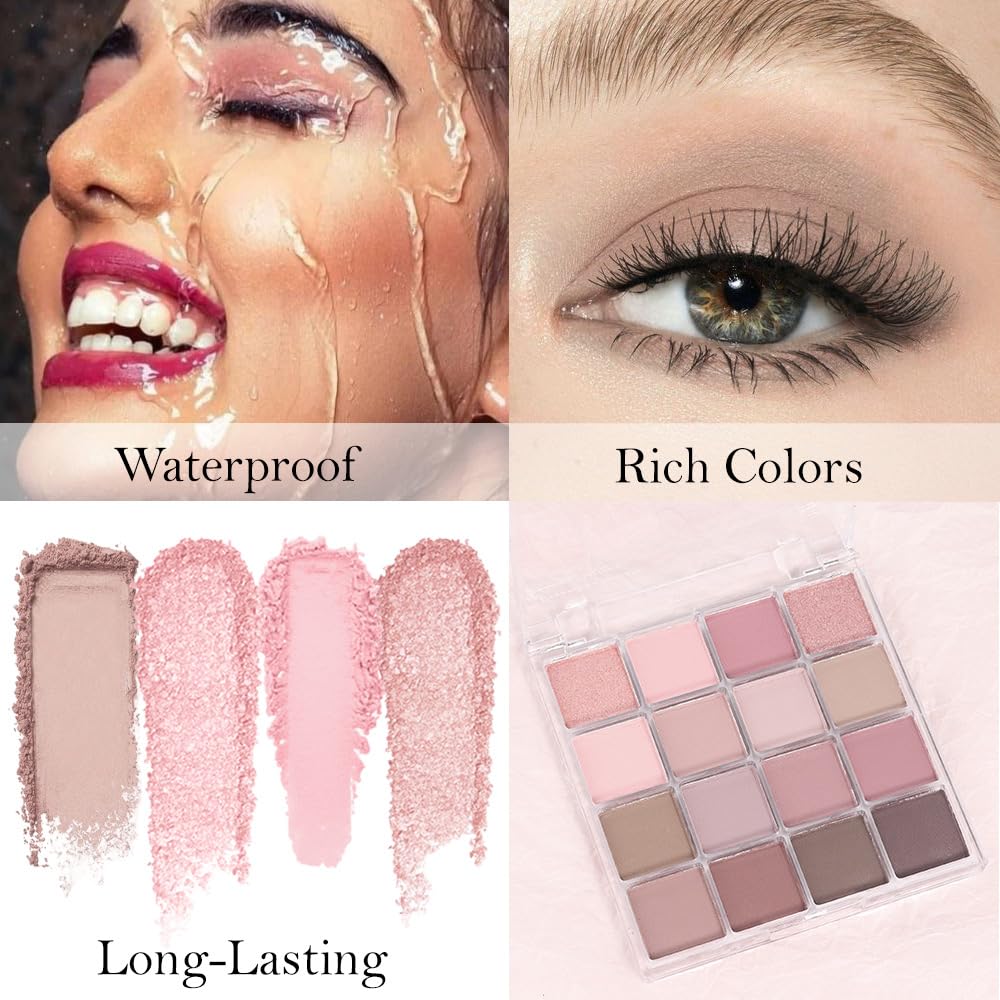16Color Matte Shimmer Eyeshadow Palette,Natural Nude Brown RoseGold Coffee Pink DarkRed Sparkly Eye Shadow Makeup,Warm Pastel Eyeshadows Long Lasting Waterproof Naturing-Looking Women Girls Eye Shadow