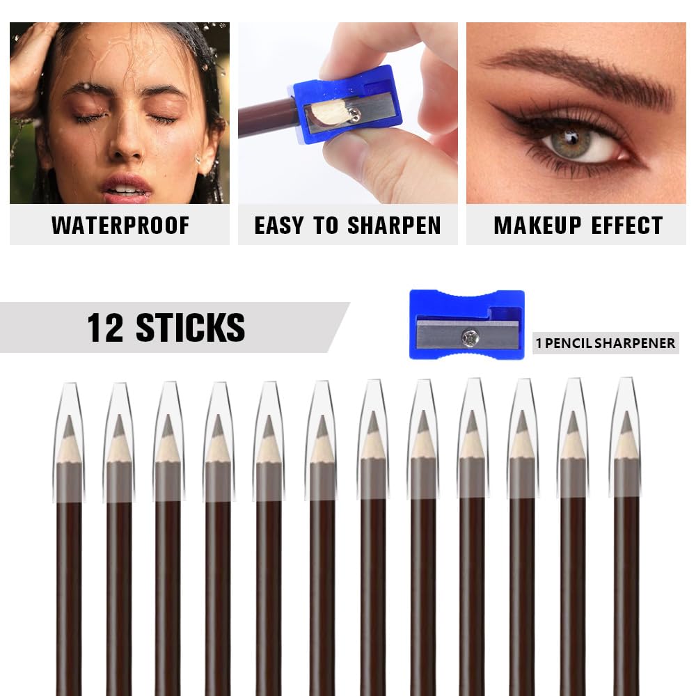 12Pcs Long Eyebrow Pencils Set - Brown Natural Look, for Eyebrows & Eyeliner, Waterproof & Sweat-Proof Wooden Hard-Core Brow Pencil with Sharpener, Long Lasting Makeup Kit for Beginners 103#
