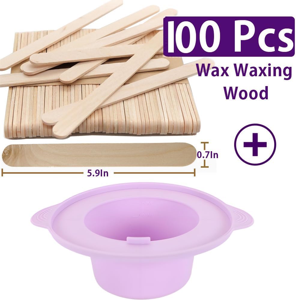 14 oz Silicone Wax Warmer Liner, Silicone Wax Bowl for Wax Warmer, Non-Stick Wax Melt Warmer Wax Pot, Reusable Wax Melt Liner with 100 Pcs Waxing Sticks Body Hair Removal Sticks (2pcs Purple)