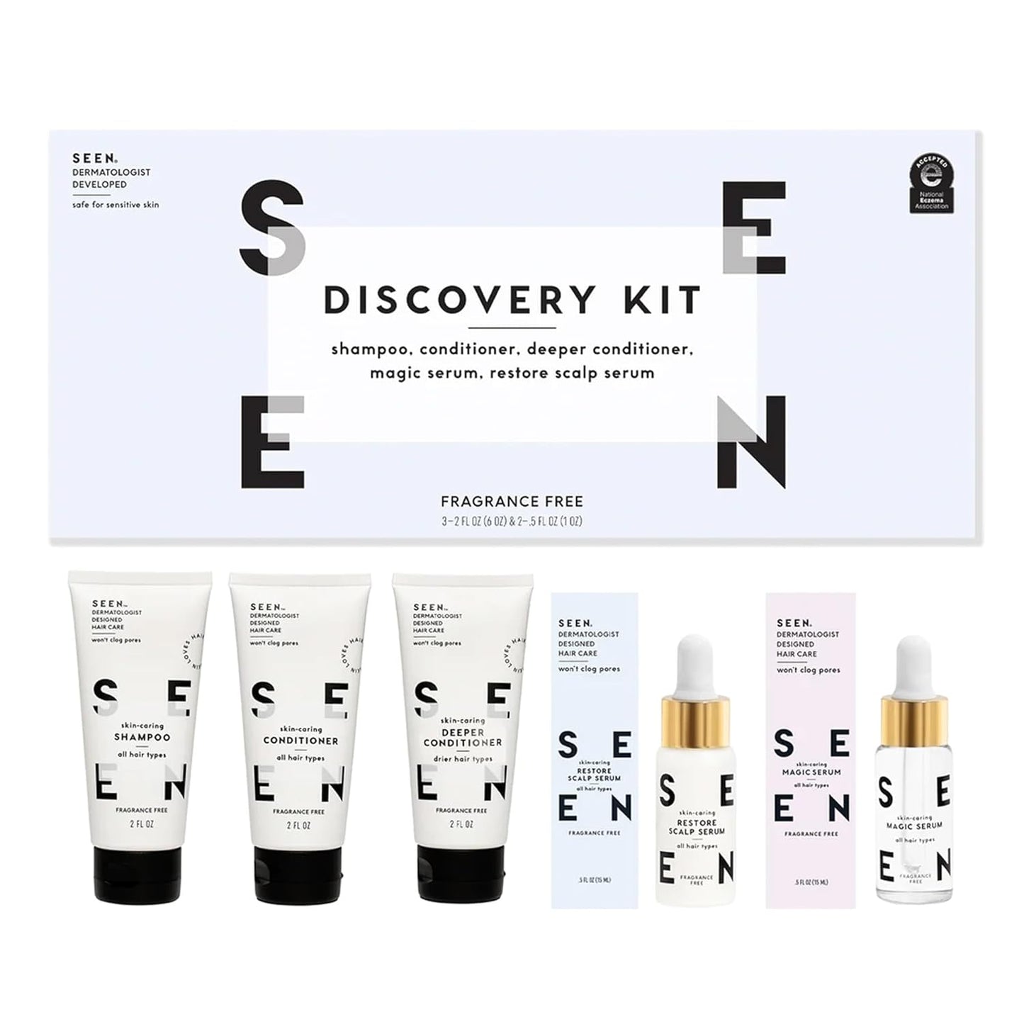 SEEN Discovery Kit - Fragrance Free - Non-Comedogenic & Hair Set- Dermatologist-Developed - Safe for Sensitive, Eczema & Acne Prone Skin
