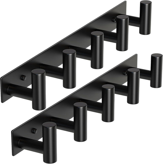 HUFEEOH 2 Pack Coat Hooks Wall Mount, Black T Shaped 5 Hooks Stainless Steel Wall Hooks Towel Rack for Hanging, Heavy Duty Key Holder Hat Rack Used for Bathroom Mudroom Entryway
