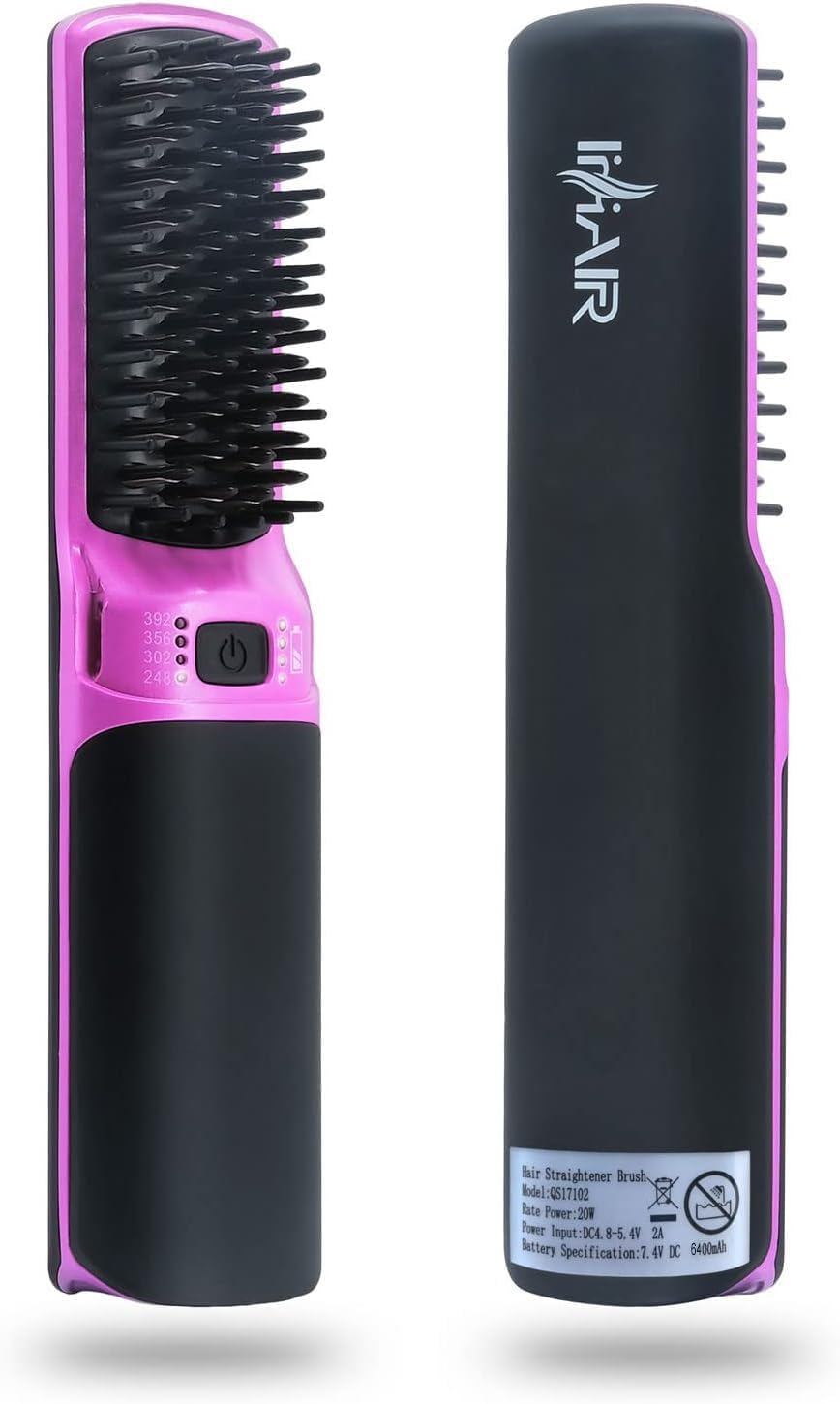 Hot Hair Straightener Brush,Portable Mini Hair Straightener USB Rechargeable 6400MAH,2 in 1 Hair Straightener Comb with Anti-Scald Feature for Women & Men（Purple）