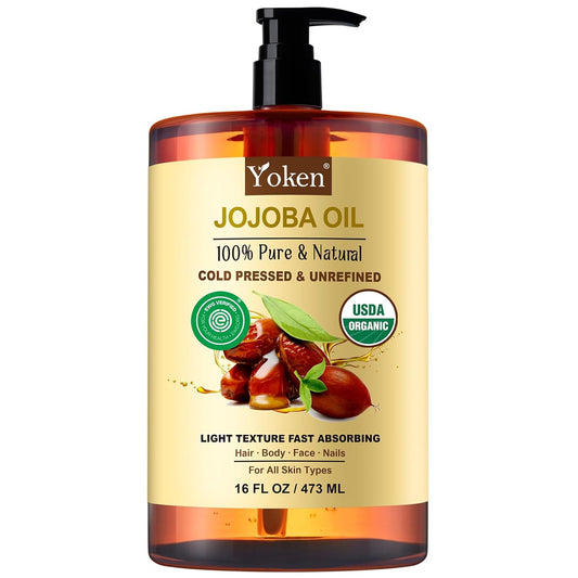 Pure Jojoba Oil Organic USDA Certified 16 fl oz, 100% Natural Jojoba Oil for Hair, Skin & Face, Cold Pressed Unrefined, Deeply Moisturizing Body Carrier Oils for Essential Oils Mixing