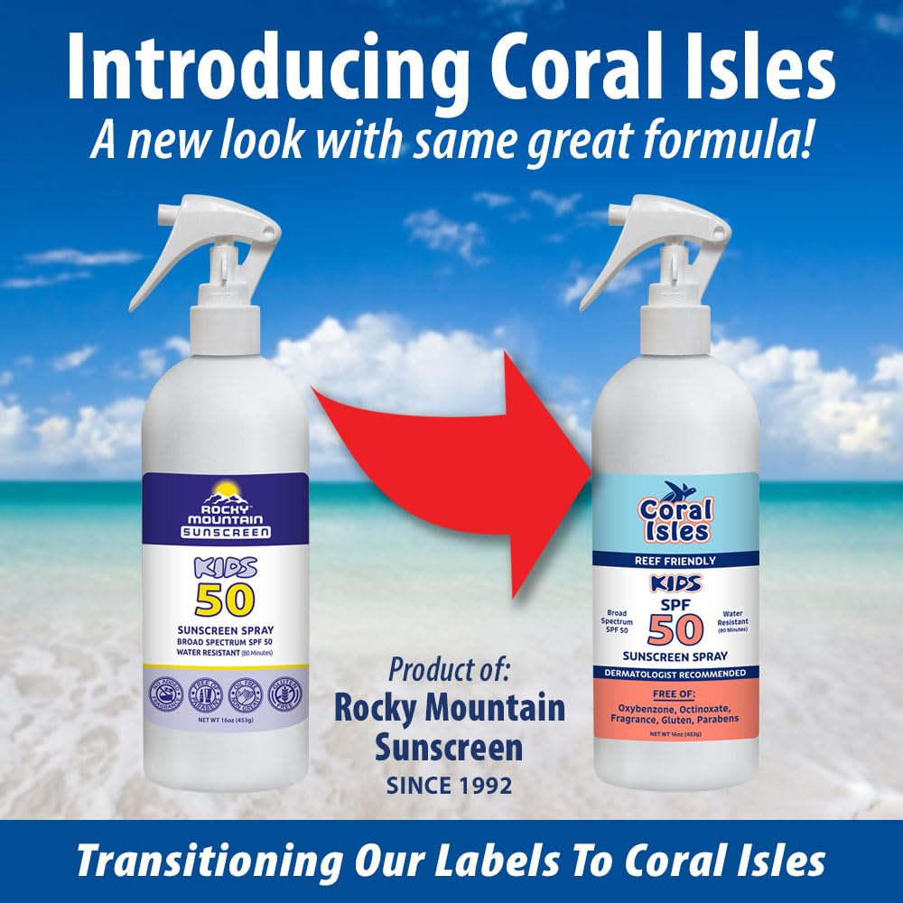 Coral Isles by Rocky Mountain Sunscreen | SPF 50 KIDS Spray | Broad Spectrum UVA/UVB Protection | Hawaii Reef-Safe Act Compliant | Oxybenzone & Octinoxate Free | Water Resistant 80 Min. | 16 Fl Oz