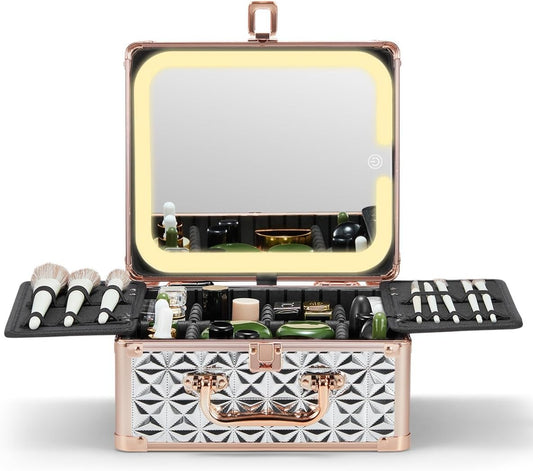 Qislee Makeup Box with A Detachable Lighted Mirror, Waterproof Travel Train Case, Cosmetic Organizer and Makeup Suitcase with Adjustable Dividers, Magnetic LED Mirror(Sparkling Silver)