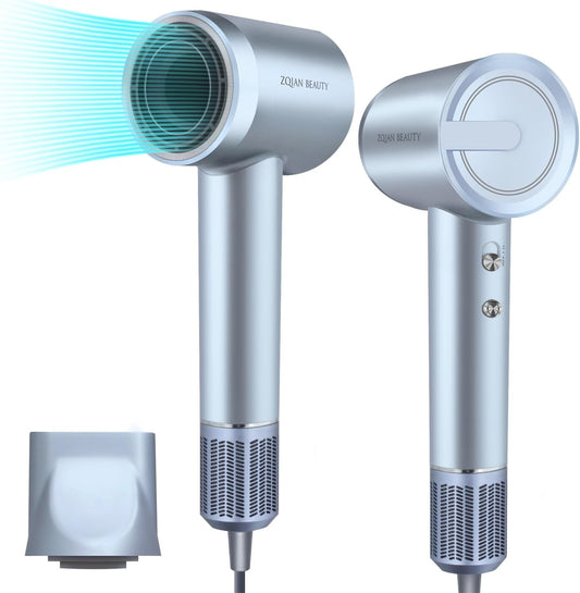 Ionic Hair Dryer with 200 Million Negative Ions, High-Speed Blow Dryer for Women and Men Fast Drying Low Noise Travel Hairdryer (Silver Blue, with Concentrator Nozzle)