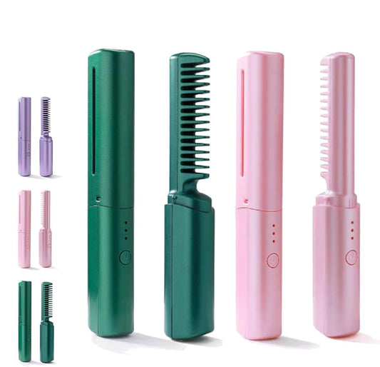 Figureor Latest Hairdressing Comb Smooth,Ceramic Hair Dressing Comb with 3 Temp Settings, Rechargeable Mini Dual Purpose Curling Iron,Cordless 2-in-1 Touch-Up Combs for Less Frizz(Pink+Green)
