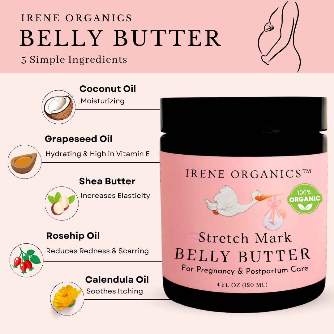Irene Organics Organic Belly Butter for Pregnancy Stretch Mark Prevention and Treatment Award Winning Anti Stretch Mark Tummy Balm For Pregnancy and Postpartum 8oz - Hydrating Bump Cream