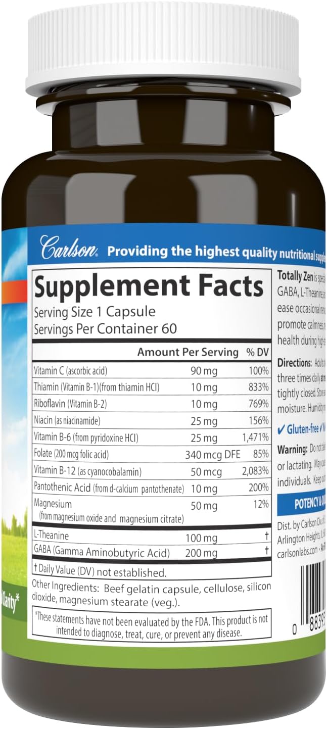 Carlson - Totally Zen, GABA, L-Theanine & B Vitamins, Healthy Mood, Promotes Calmness & Mental Clarity, 60 Capsules