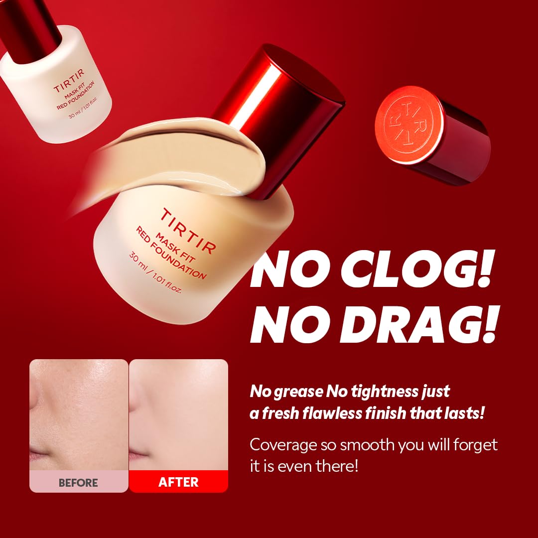 TIRTIR Mask Fit Red FoundationㅣLong Lasting Flawless Coverage, Energy Essence, Lightweight, Hydrating, Pore-Blurring, Breathable Satin Finish, Makeup, Radiant Skin, #45W Chestnut, 1.01 Fl Oz