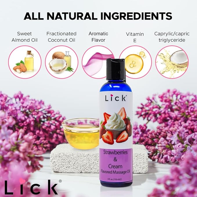Lick Strawberries and Cream Flavored Massage Oil – Romantic, Body Safe, Non-Greasy Formula, Date Night 4 oz