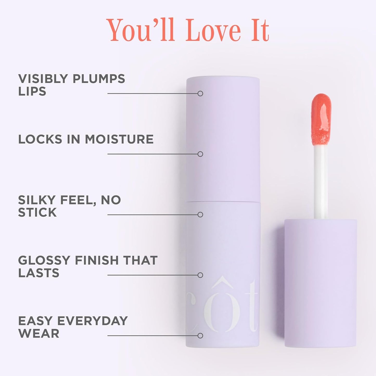 Côte Beauty's Peptide Lip Shine in Branson, Ultra Hydrating & Long-Lasting Coral Plumping Lip Gloss for Women with Hyaluronic Acid, Shea Butter & Jojoba Oil, Vegan & Cruelty-Free, 0.12 Fl Oz