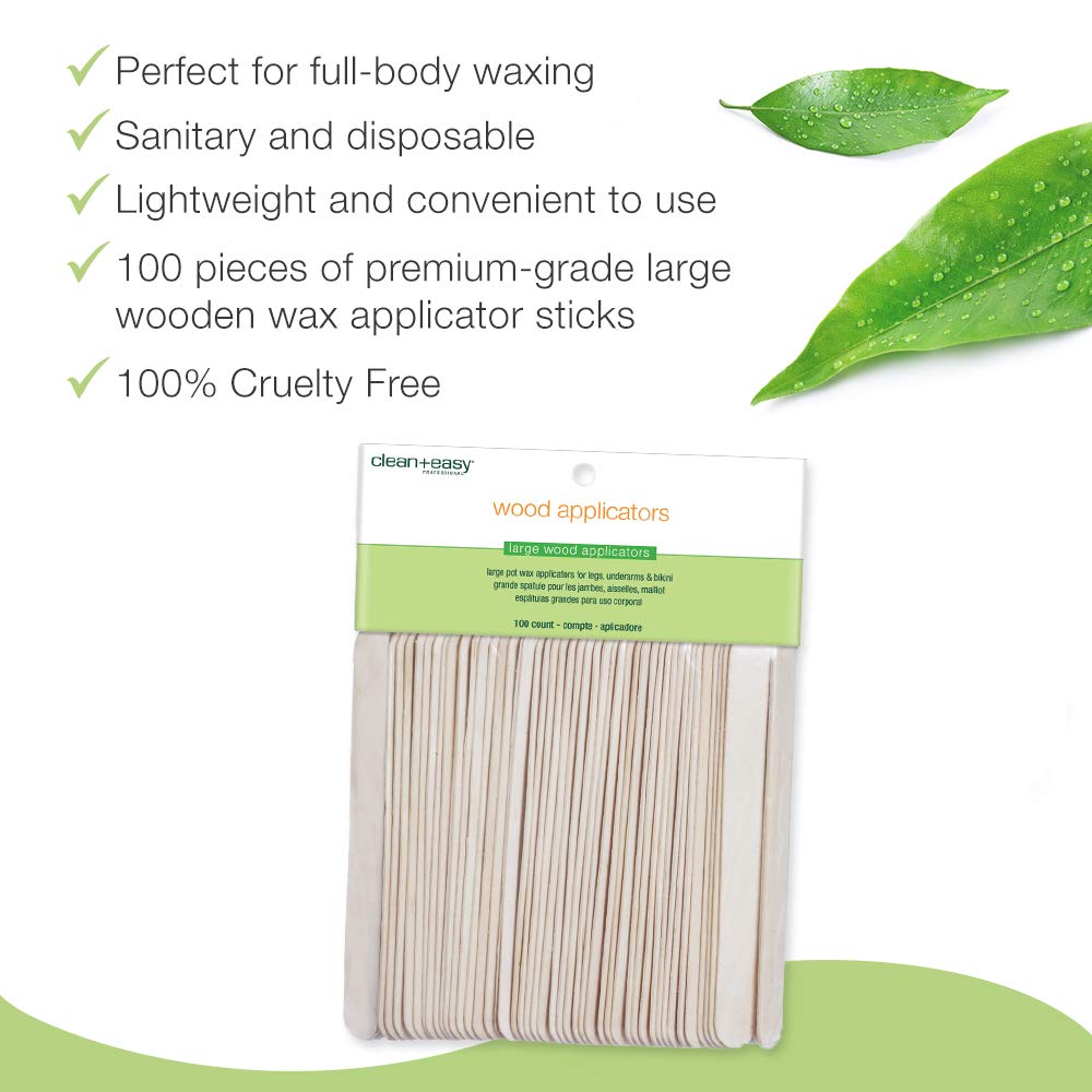 Clean + Easy Large Wooden Wax Stick Applicator – Waxing Sticks for Hair Removal on Body, Legs, Arms, Chest & Back – Disposable Spatula for Salon & At-Home Use, 100 Count