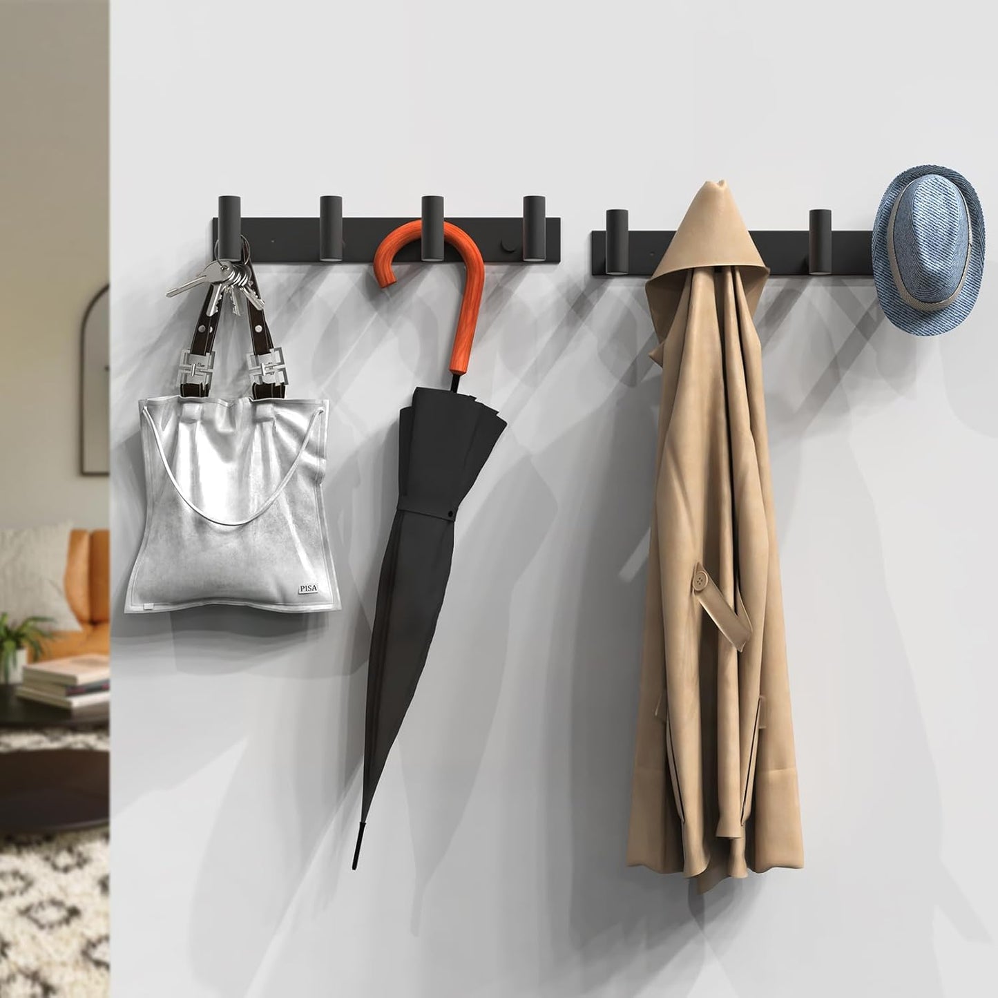 VAEHOLD Hat and Coat Wall Mount Rack - 4 Hooks for Robes, Bags, Keys, and Towels - Bathroom Towel Hanger Organizer -Black