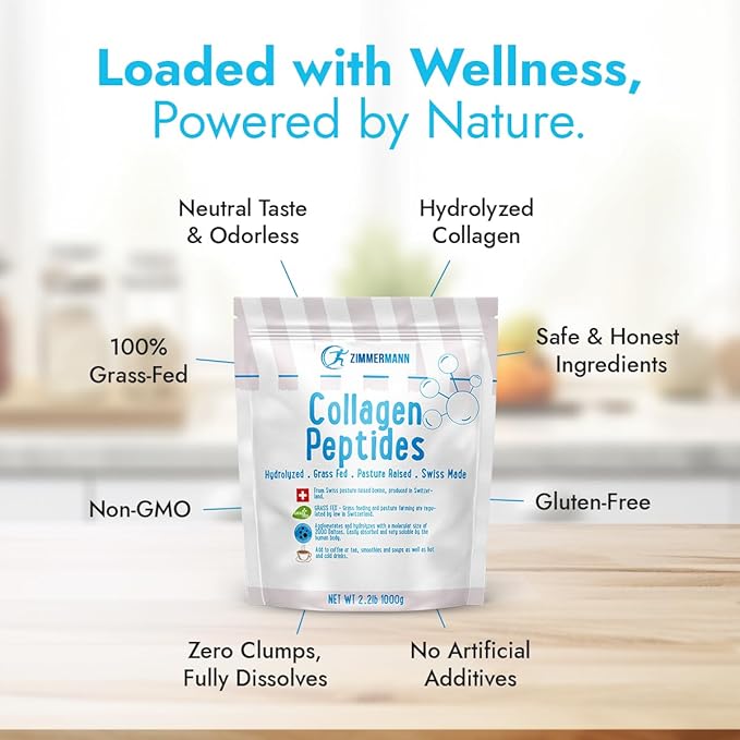 Zimmermann Collagen Peptides Powder 2.2lb 1000g, Produce of Switzerland from Swiss Grass Fed Cows, Hydrolyzed, Unflavored, for Women & Men - Hair, Skin, Nail, & Joint Support, Keto, Type I and III,