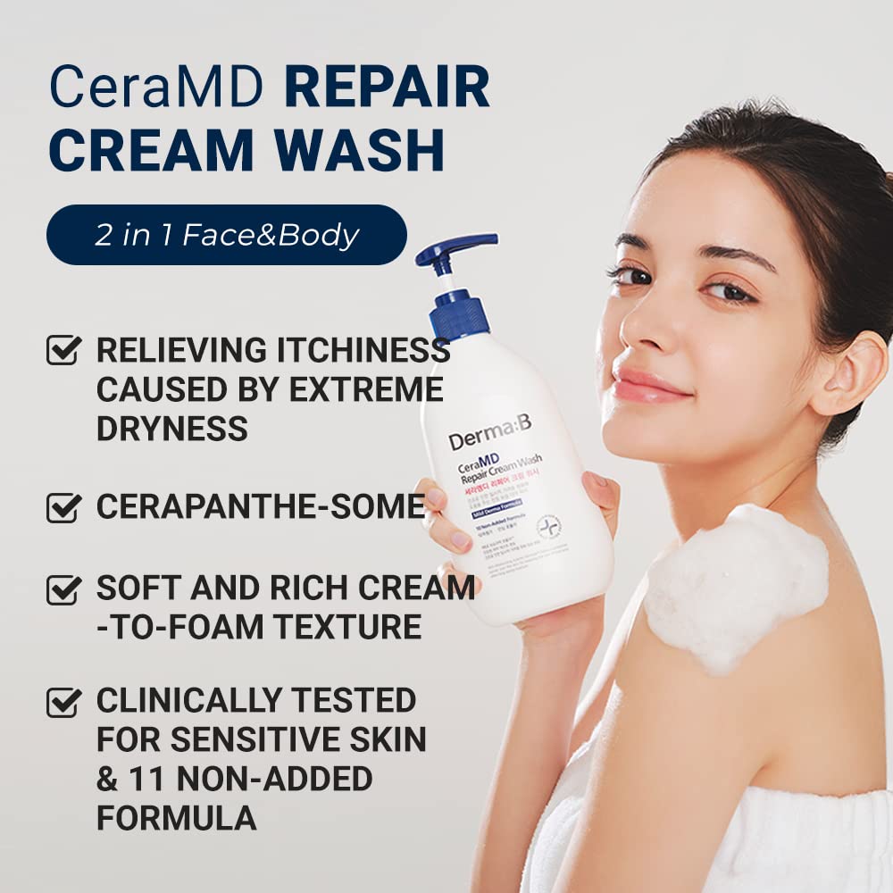 Derma B CeraMD Repair Cream Wash, Unscented Fragrance Free Creamy Face & Body Cleanser for Dry Sensitive Itchy Skin, Deep Moisture Paraben-Free Body Wash, Cream to Foam Cleanser, 13.5 Fl. Oz., 400ml