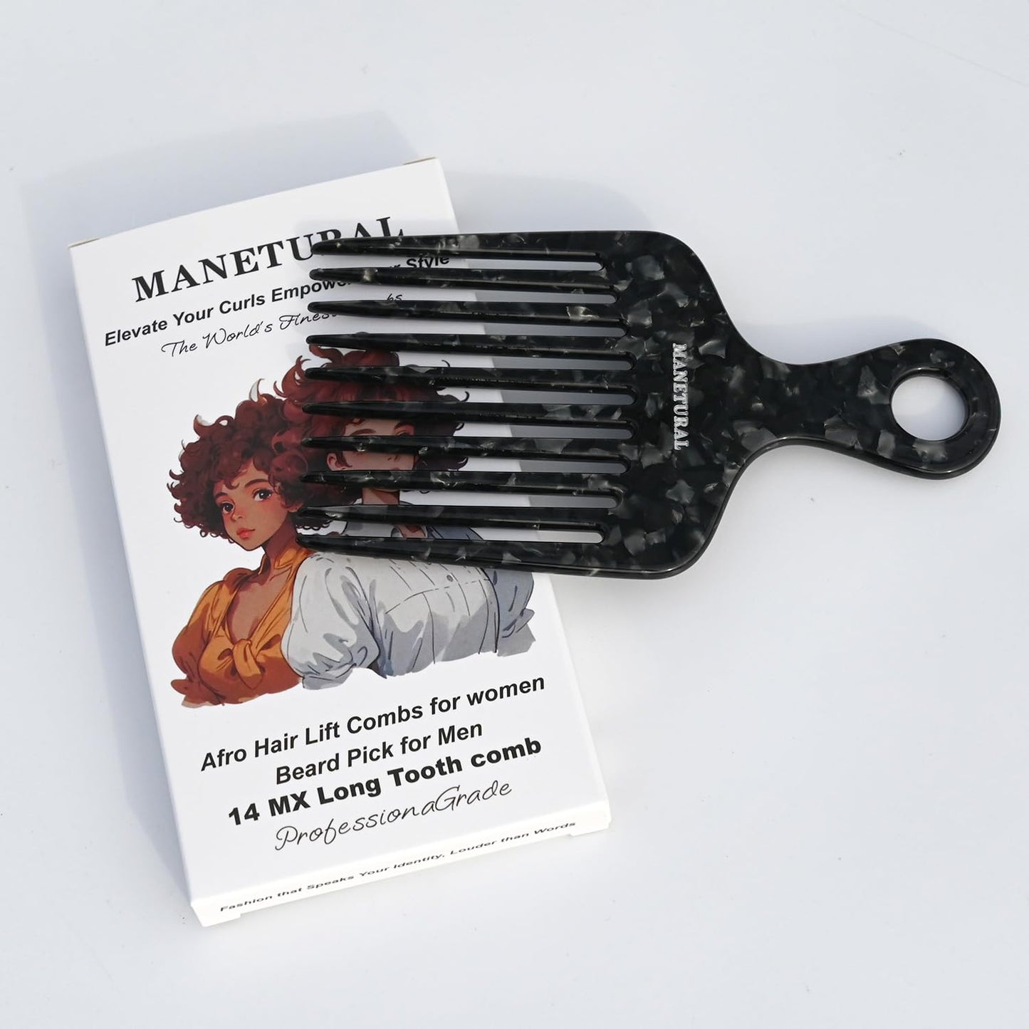 14MX Long-Tooth Comb/Afro Hair Lift Combs for Women's Curls and Men's Beards - Hand-Made, Hand-Crafted Beauty for Effortless Styling (black, 2 PACK)