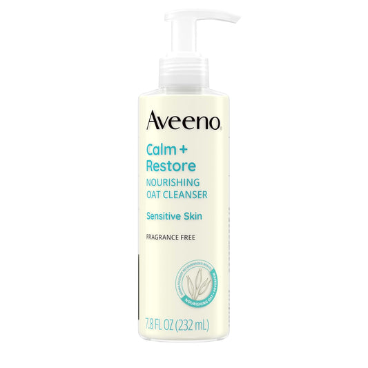 Aveeno Calm + Restore Facial Cleanser for Sensitive Skin, Hydrating Gentle Milky Face Cleanser with Nourishing Oat and Feverfew, Hypoallergenic Formula, Fragrance Free, 7.8 fl oz