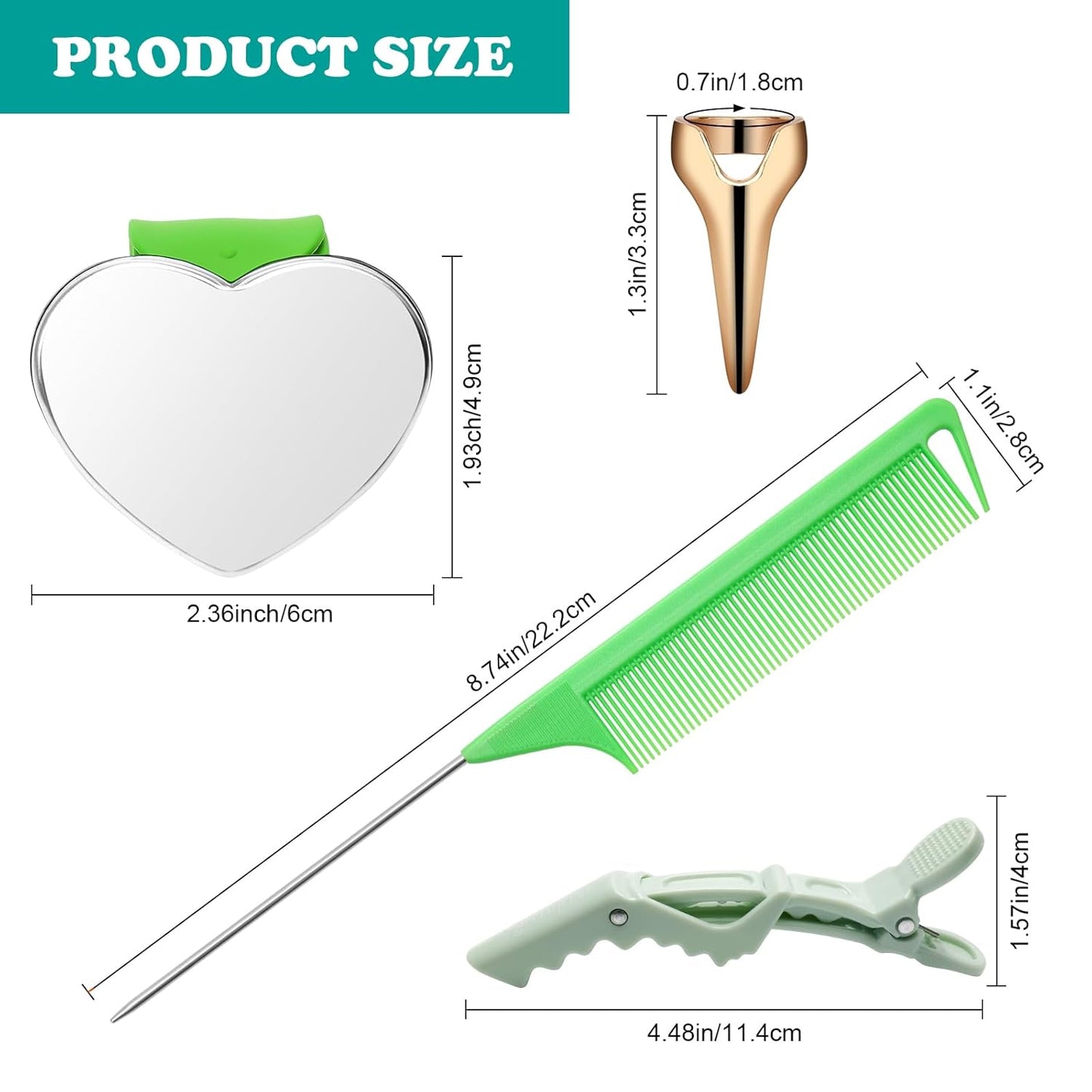 17 Pieces Hair Parting Tools Set Heart, Included 8P Hair Parting Ring 2P Metal Rat Tail Comb 6P Hair Sectioning Clip with 1P Magnetic Wrist Sewing Pin Holder for Braiding (Green)