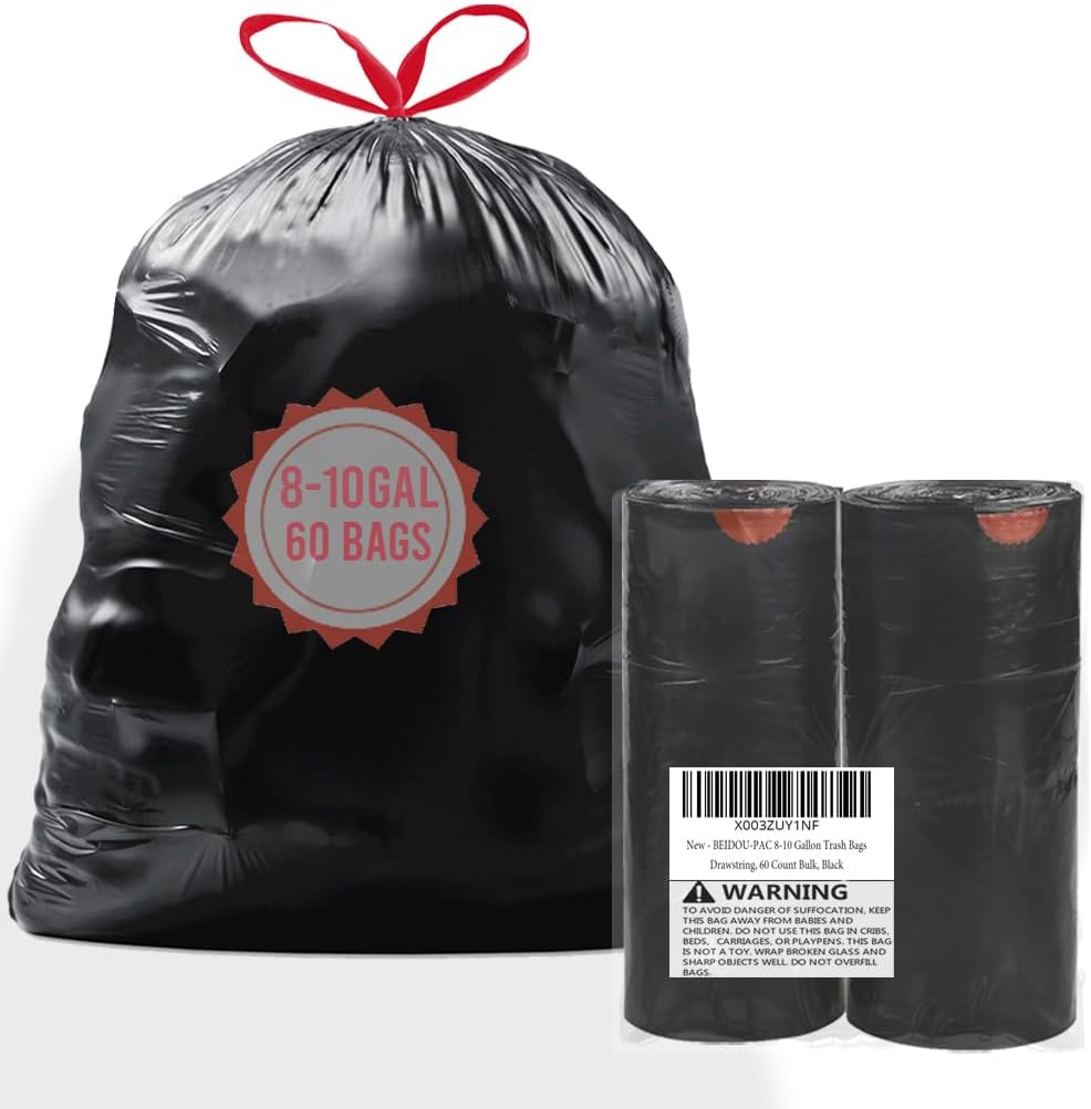 8-10 Gallon Trash Bags Drawstring, 60 Count Bulk, Black & Unscented Multi-purpose Garbage Bags for Business Home Bathroom Kitchen Commercial and Industrial