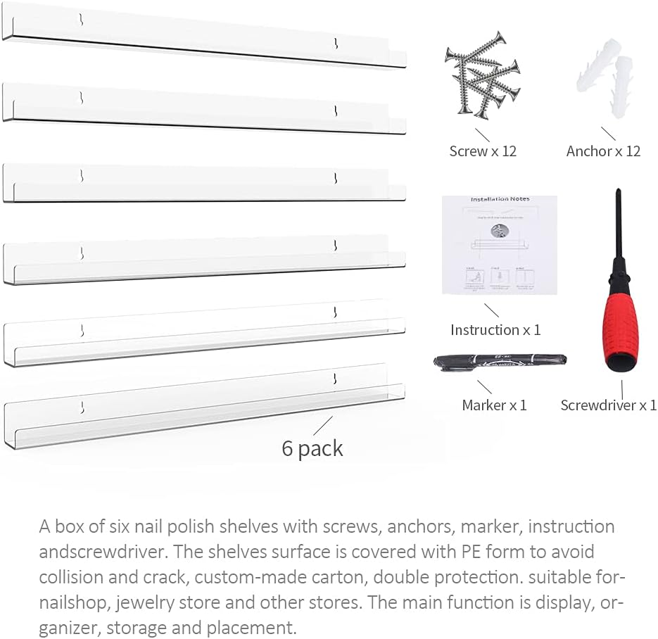Clear Nail Polish Organizer Wall Mounted, 24 Inches Acrylic Shelf for 150 Bottles, 6 Pack