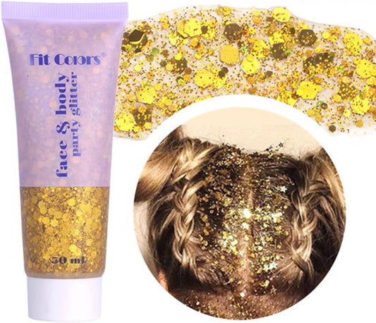 Gold Body Glitter, Mardi Gras Face Glitter Gel, Mermaid Sequins Lip Eye Nails Hair Body Glitter Makeup, Liquid Holographic Chunky Glitter Singer Concerts Music Festival Rave Accessories,50g