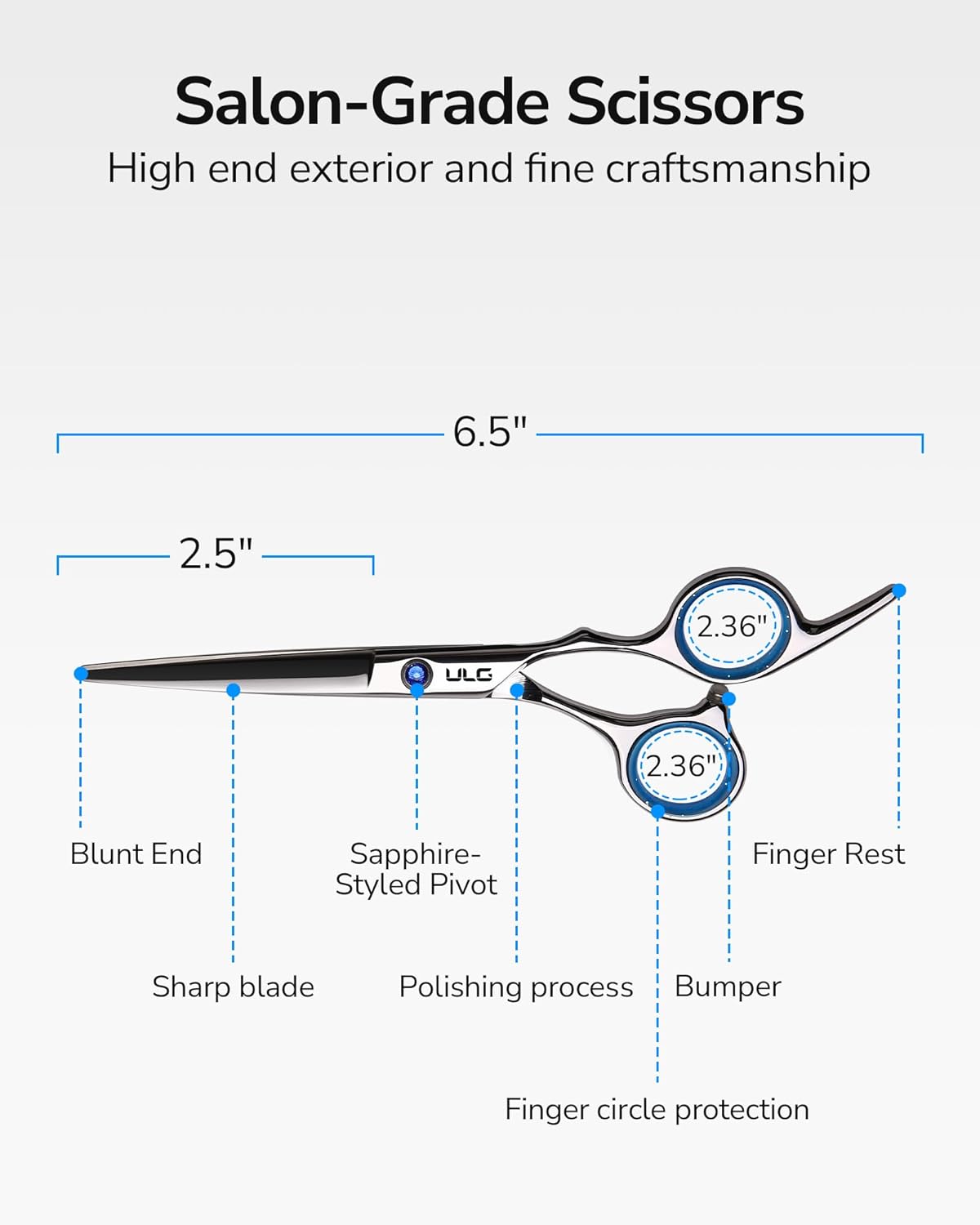 ULG Hair Cutting Scissors, Professional Hair Scissors 6.5 inch Right-Hand Razor Edge Barber Shears with Comb Salon Hair Cutting Shears Made of Japanese Stainless Steel, Hand Sharpened