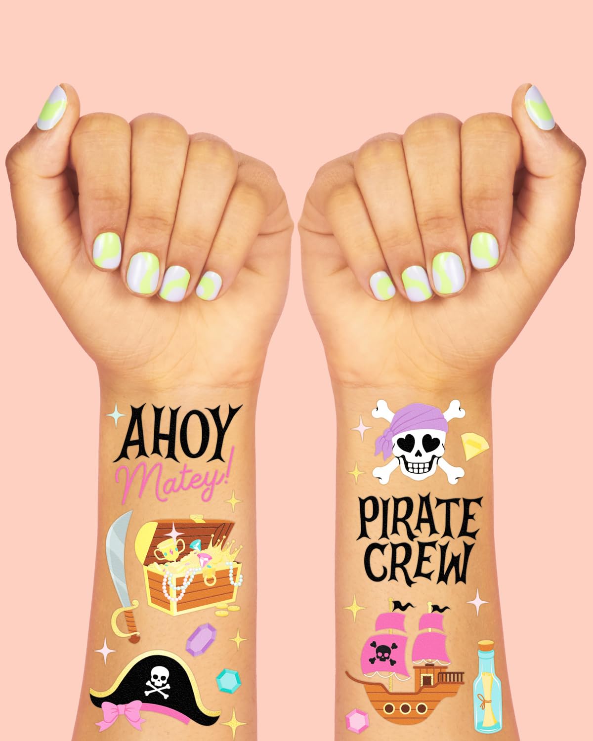 xo, Fetti Pirate Crew Temporary Tattoos - 48 Gold Foil Pcs | Birthday Accessory, Girl Treasure Hunt Decorations, Kids Ahoy Party Favor, Cute Pink Activity
