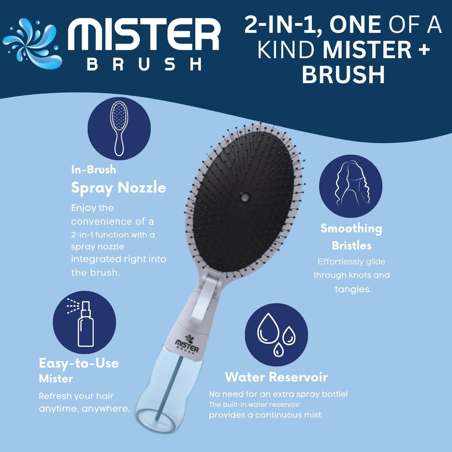 Navy All in One Brush + Mister - 2 in 1 - Detangling Brush - No More Hair Hassle