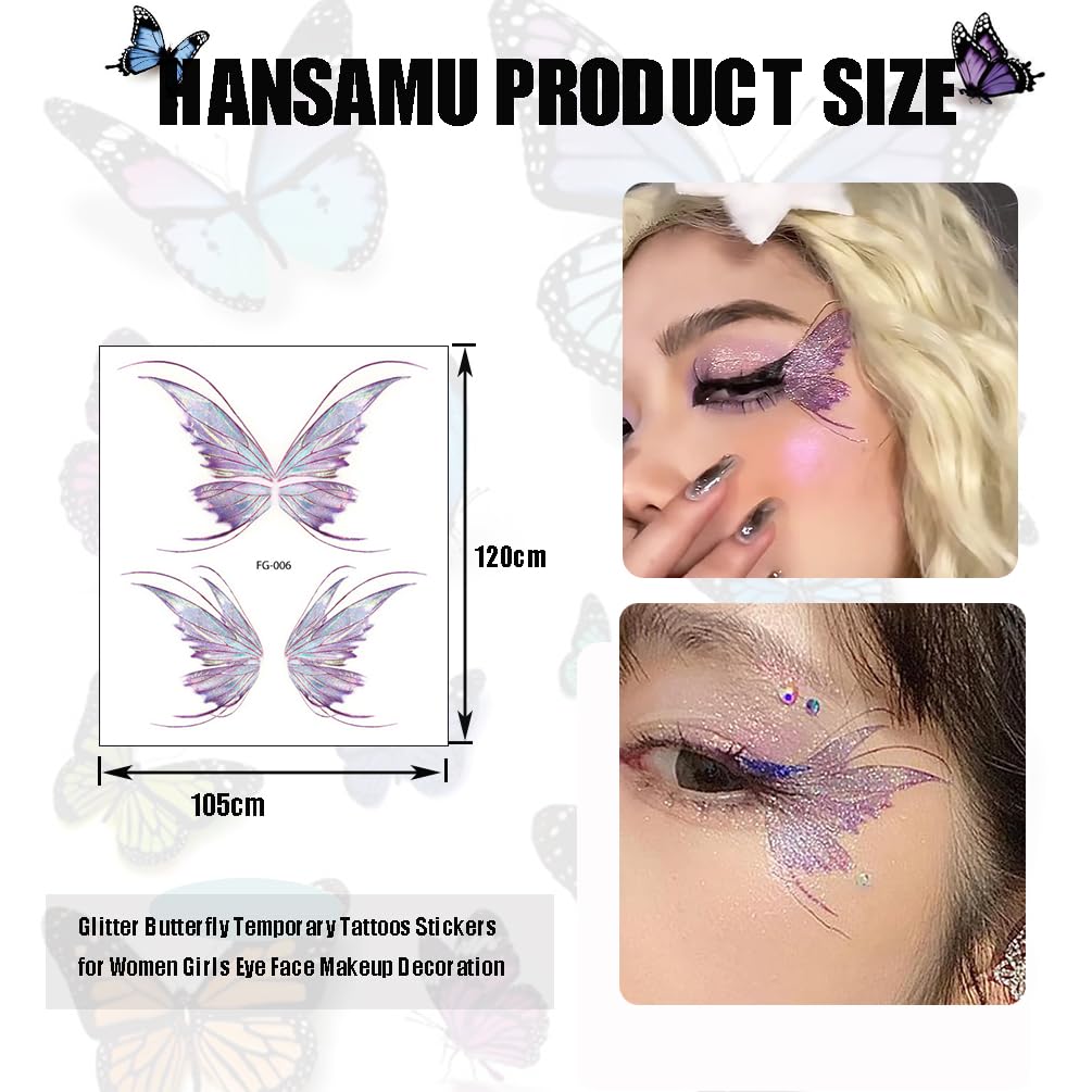Glitter Butterfly Makeup Temporary Tattoo Stickers Colorful Butterflies Wings Fake Tattoos for Women Girls Festival Birthday Party Favors Face Eye Decoration Supplies (14 Packs)