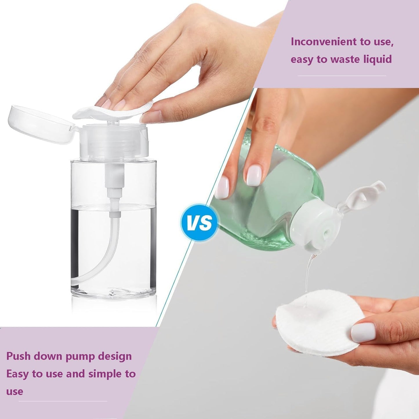 Push Down Pump Dispenser, 3.4oz Clear Pump Bottles with Alcohol, Acetone, Nail Polish Remover, Makeup Remover, Toner Stickers Empty Push Top Container for Liquid (100ml-2Pack)