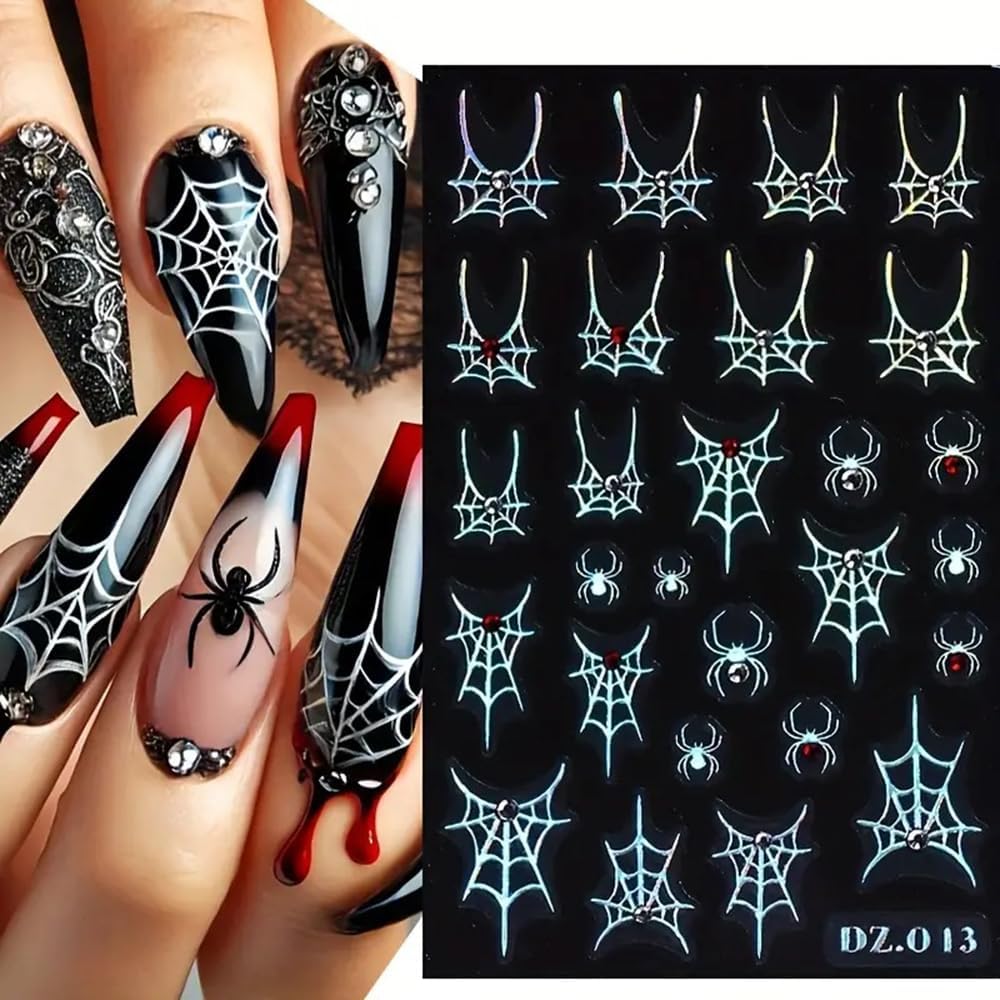 5Sheets 5D Embossed Nail Stickers, Halloween Spider Web with Rhinestone Design Self-Adhesive Nail Decals, White, Black, Rainbow, Gold, Laser Silver Nails Adhesive Sliders for Women Art Decorations