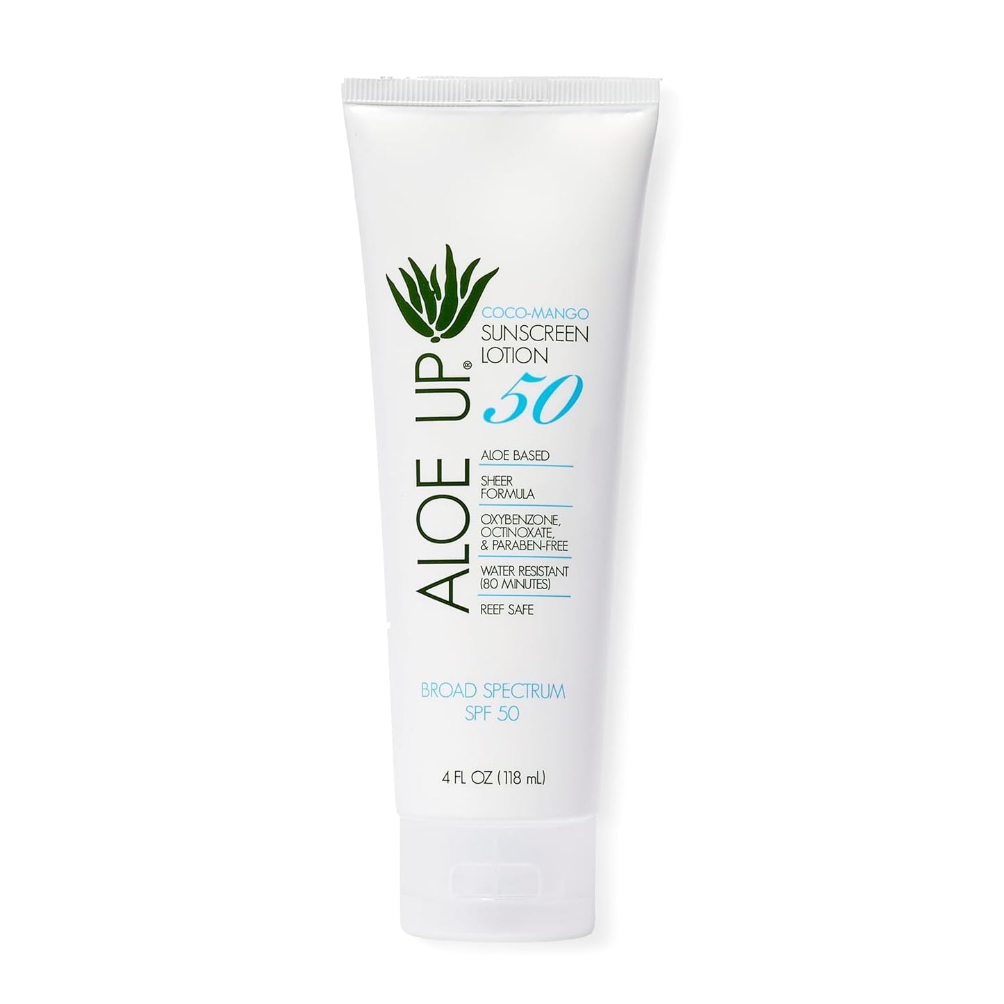 Aloe Up SPF 50 Sunscreen for Sensitive Skin - Broad Spectrum Face and Body Sunblock with Aloe Vera - Reef-Safe, Hydrating Coco-Mango Fragrance, 4 Oz
