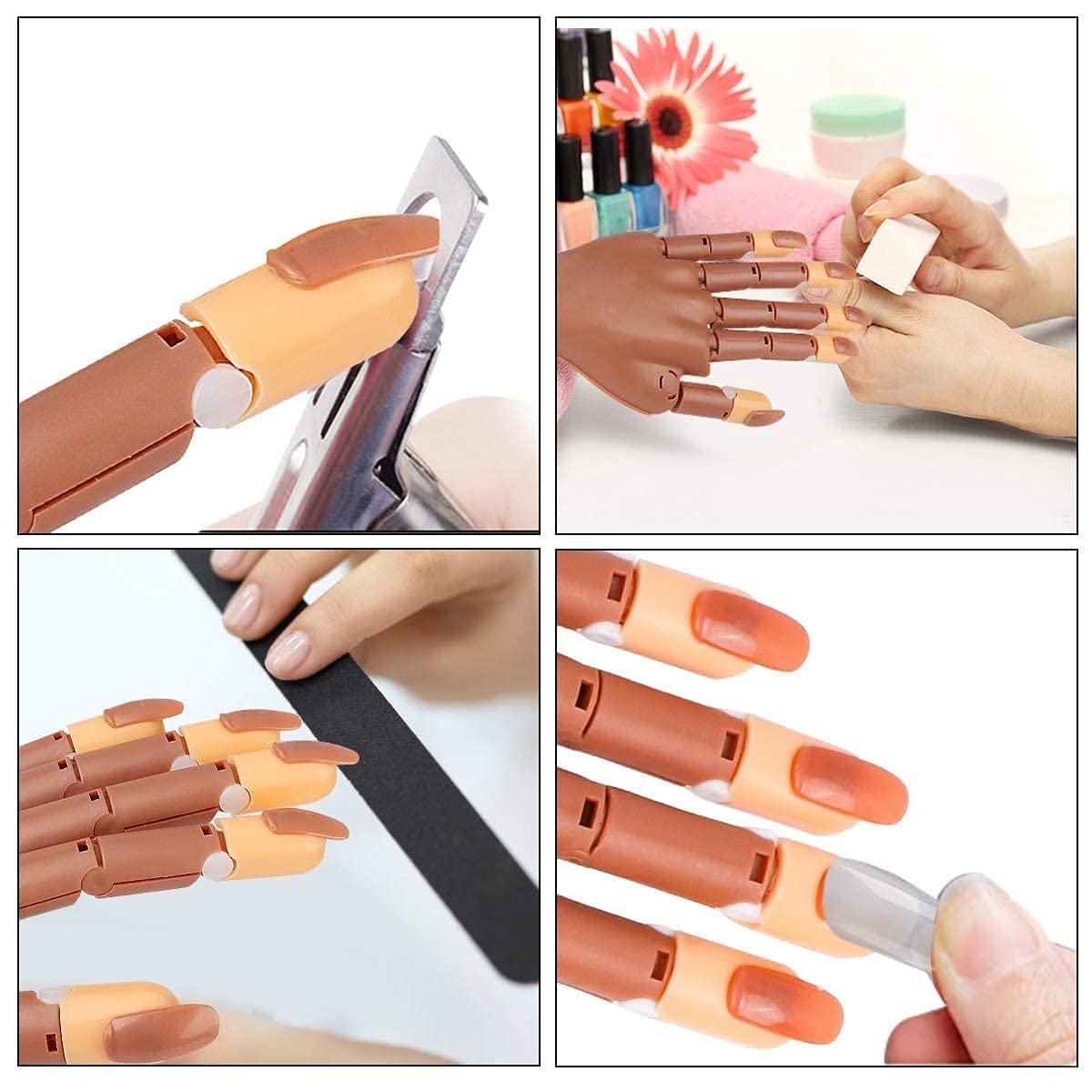 Practice Hand for Acrylic Nails, Professional Nail Practice Hand Nail Training Hand, Flexible Moveable False Fake Mannequin Hand for Nails Art Practice Display with 100Pcs Brown Fake Nail Tips