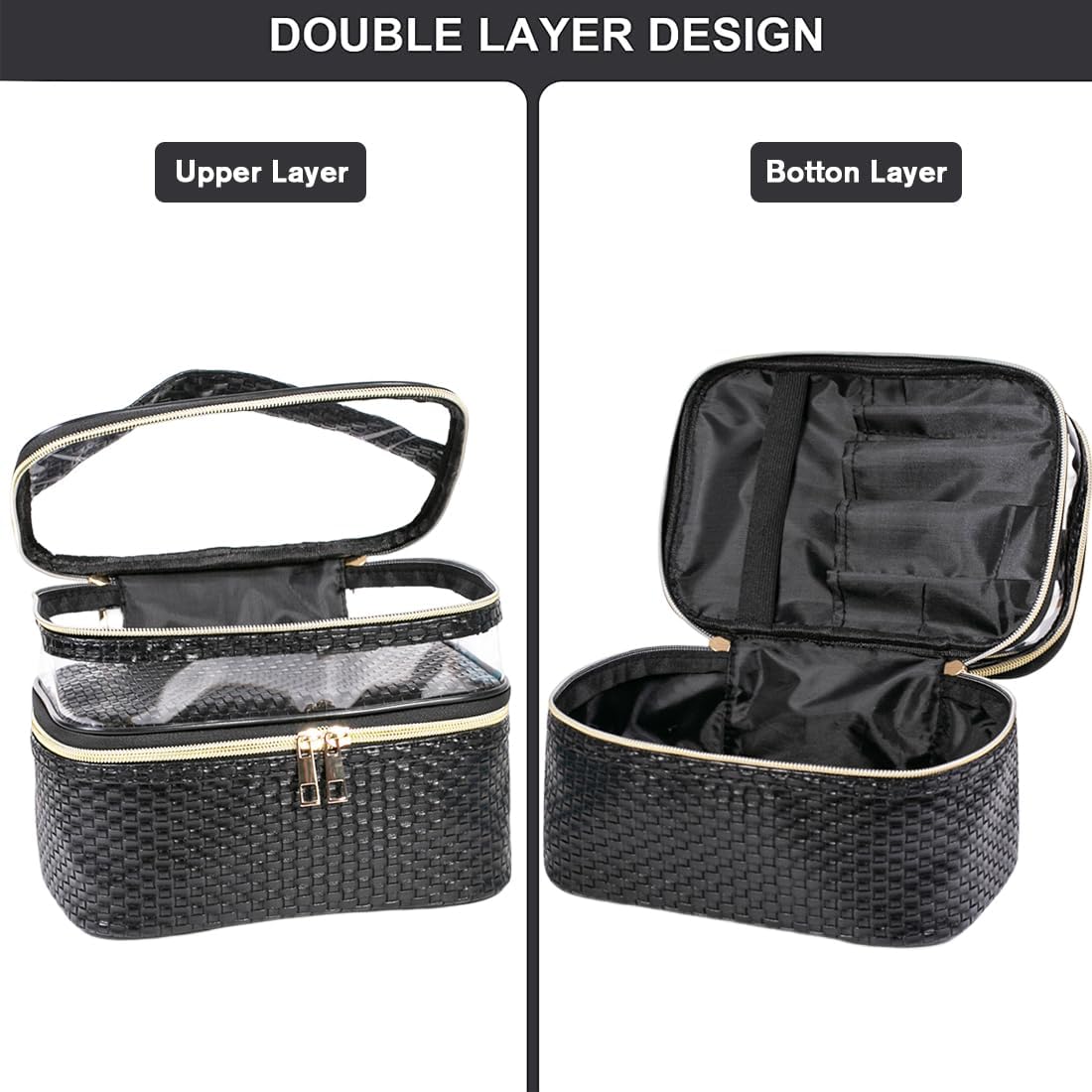 FITINI Makeup Bags Double Layer Travel Storage Cosmetic Cases Make up Organizer Toiletry Bags Water-resistant for Women Makeup Brush Bag,Black Woven Pattern