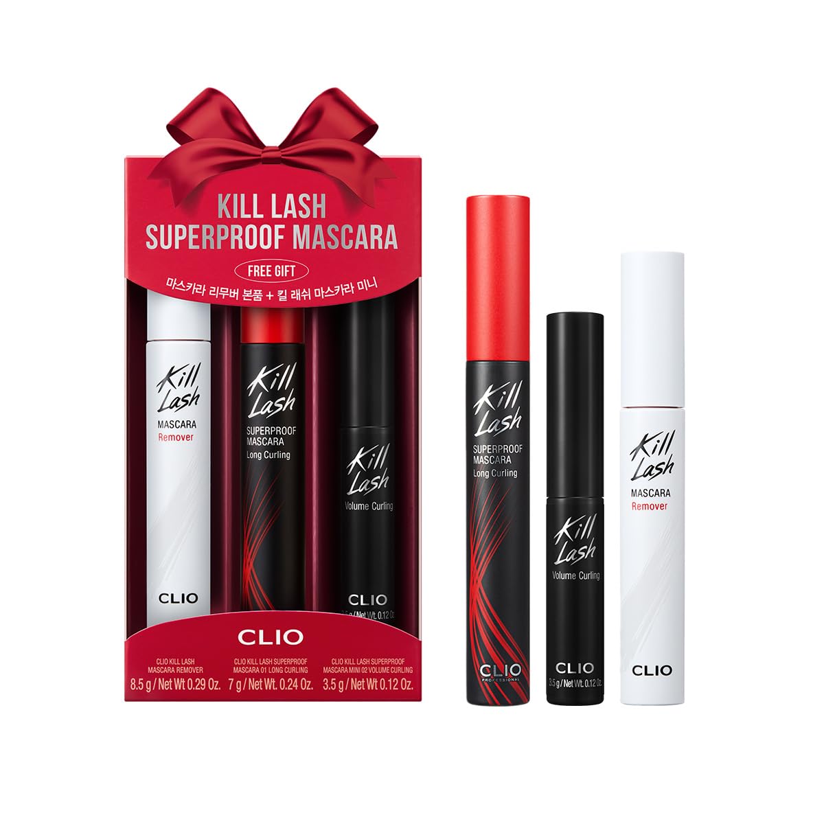 CLIO Kill Lash Superproof Mascara Holiday Gift Set, Long-Lasting & Volumizing, Waterproof, Clmup & Smudge-Free, Korean Eye Makeup Beauty (001 Long Curling + 002 Volume Curling(Mini) + Remover)