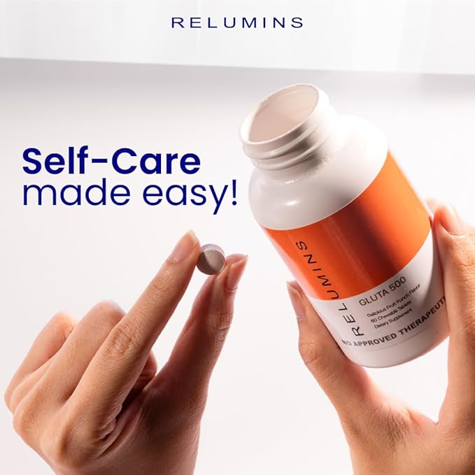 Relumins Gluta 500 - Chewable/Sublime Wall Glutathione Complex with Advanced Skin Nutrition - Hyaluronic Acid, VIT C, Biotin Plus 4 Powerful Actives - Fruit Punch Flavored - 60CT