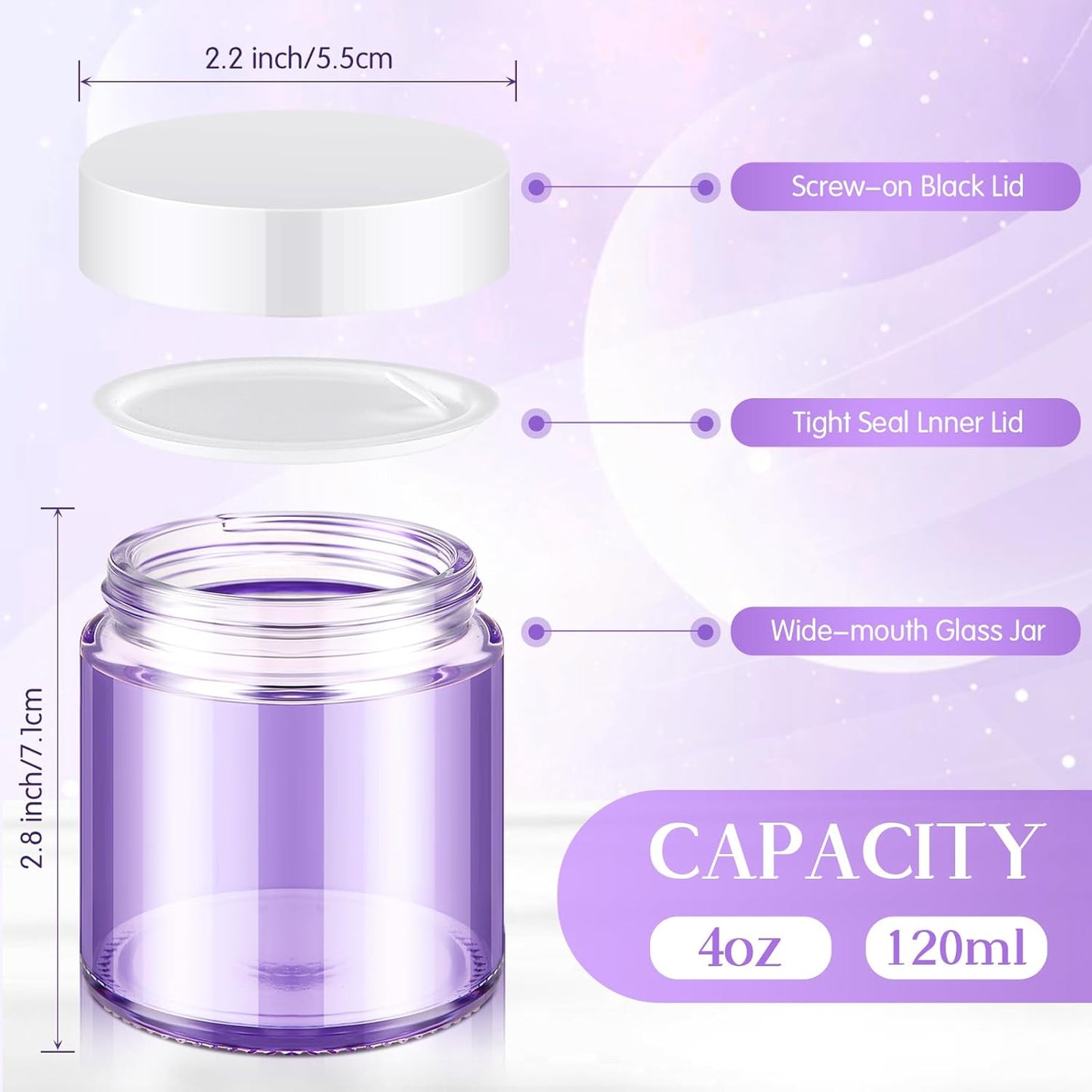 Norme 12 Pcs 4 oz Glass Jars with Lids Leakproof Round Airtight Empty Cosmetic Jars with Inner Liners Lid for Storing Lotions Powder Ointments Candle Making Tins (Light Purple)